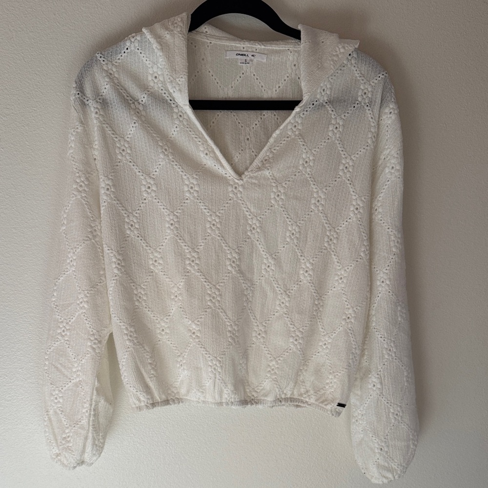 O'Neill White Eyelet V-Neck Hoody Blouse